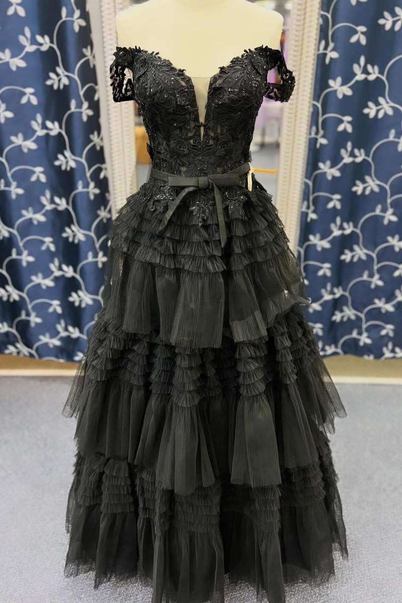 Black Off the Shoulder Tulle Tiered Ruffles Gown
