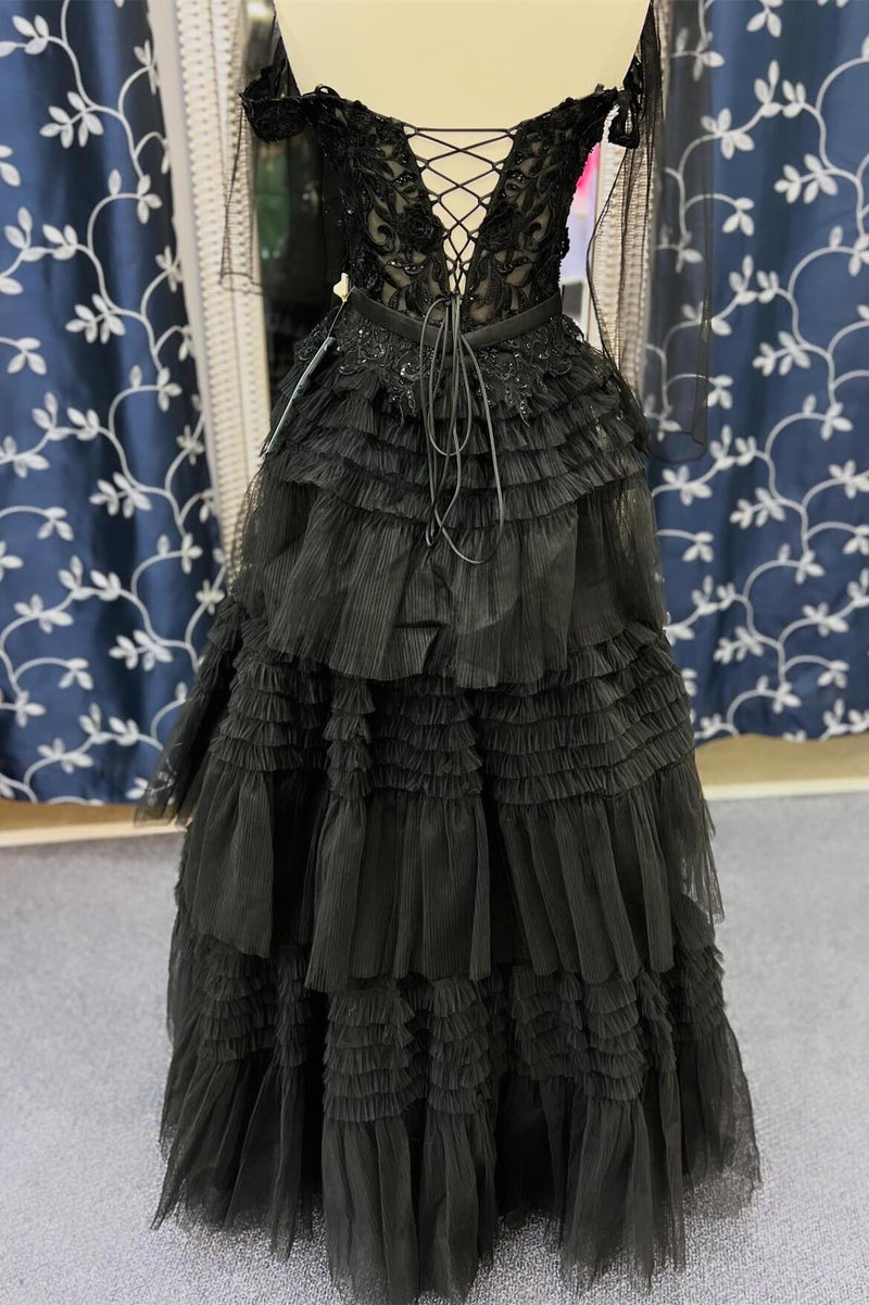 Black Off the Shoulder Tulle Tiered Ruffles Gown