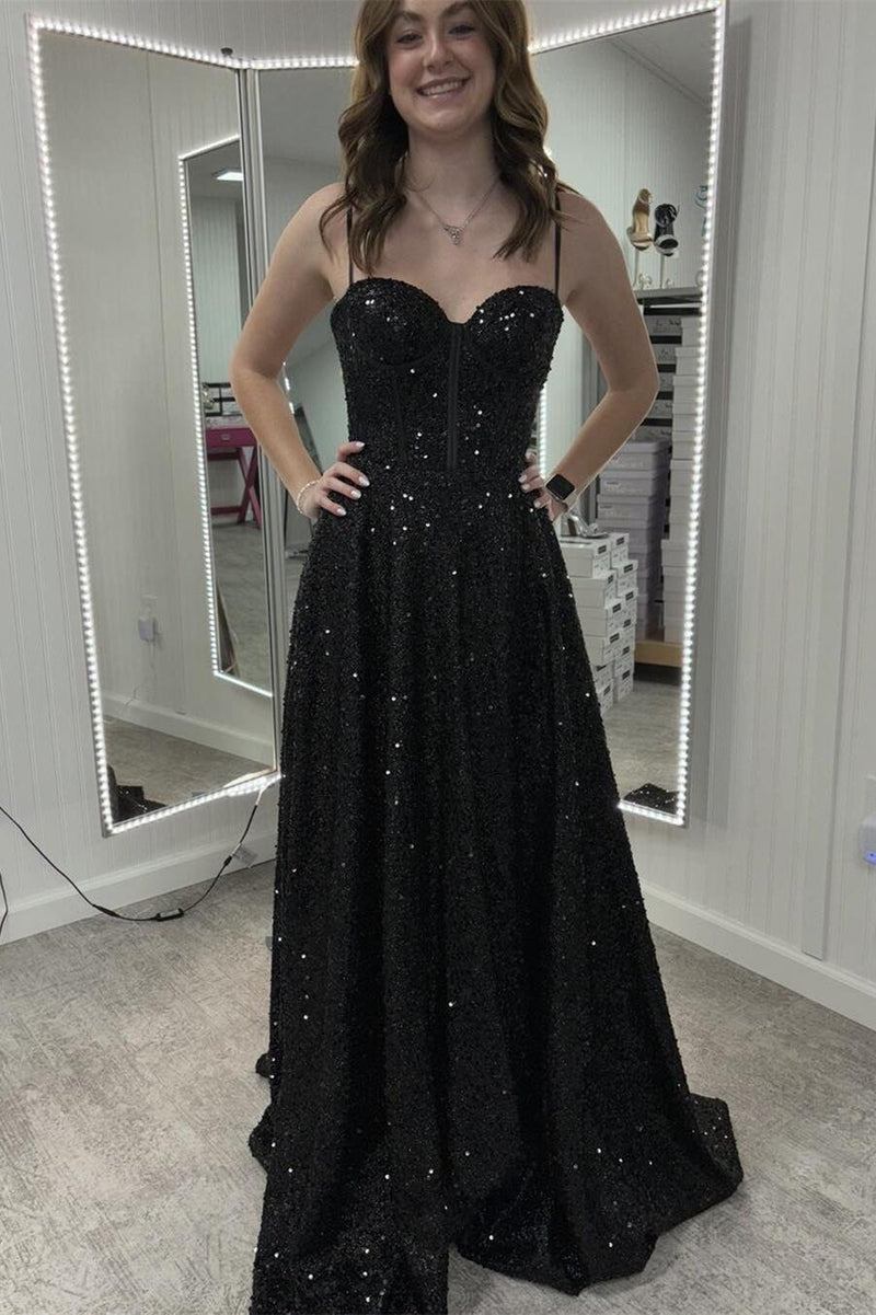 Black Sequin Corset A-line Long Prom Dress