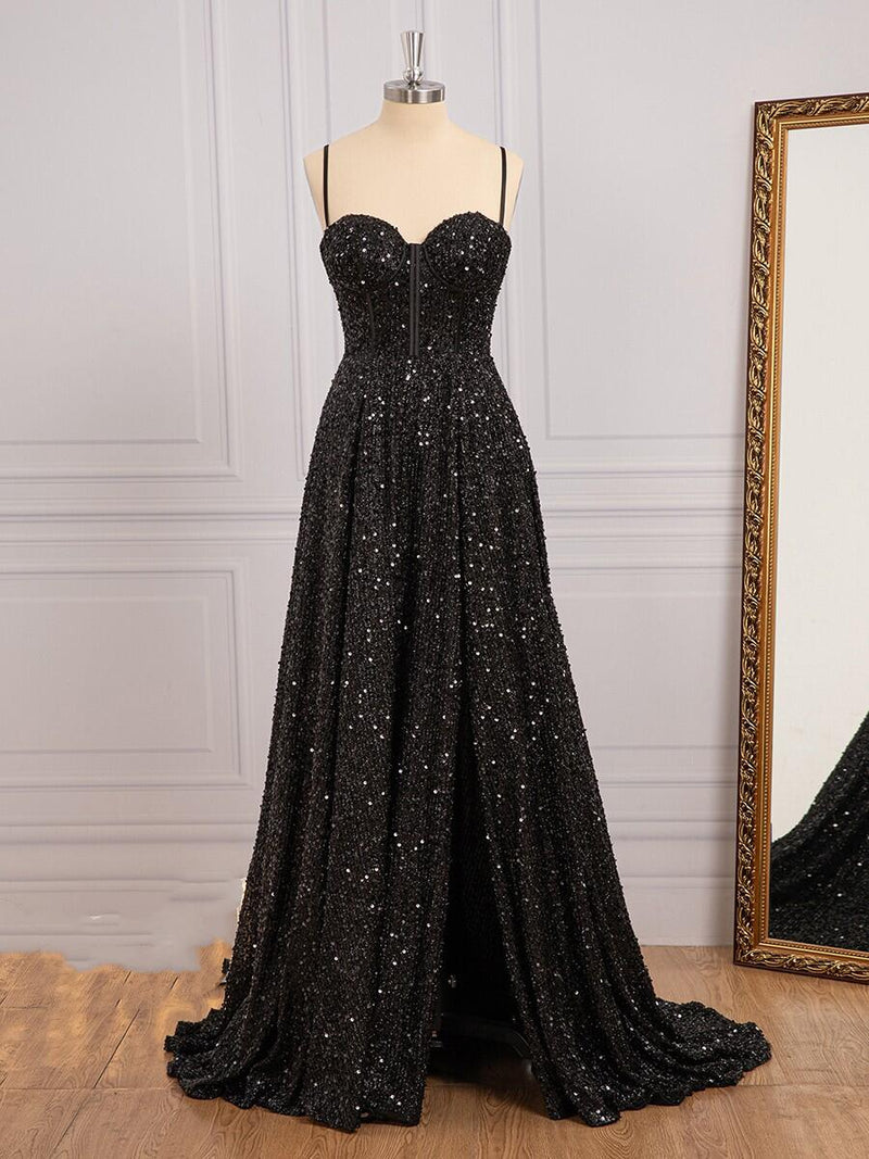 Black Sequin Corset A-line Long Prom Dress