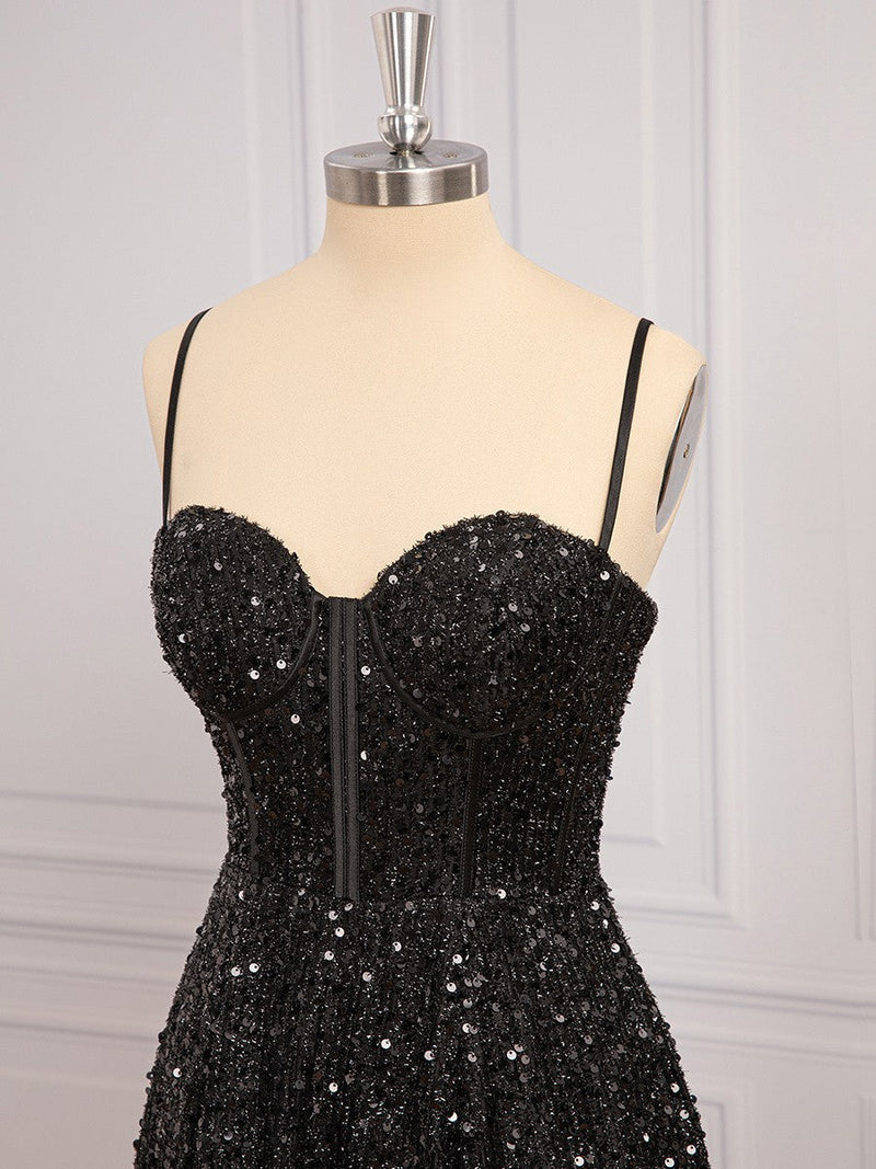 Black Sequin Corset A-line Long Prom Dress