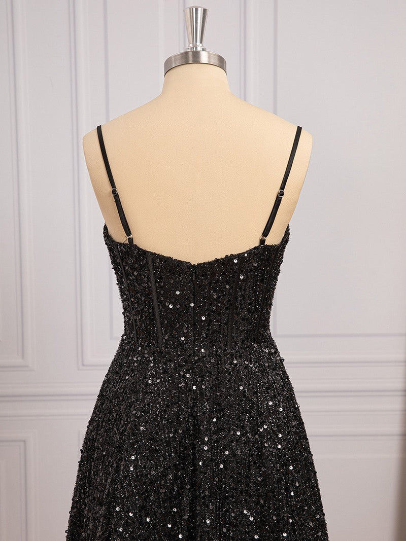 Black Sequin Corset A-line Long Prom Dress