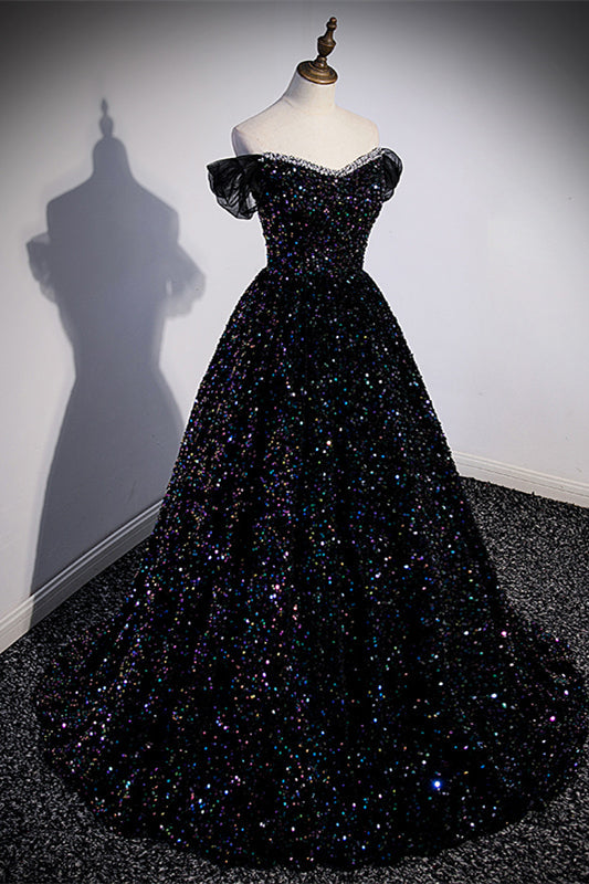 Black Sequin Off the Shoulder Long Formal Gown