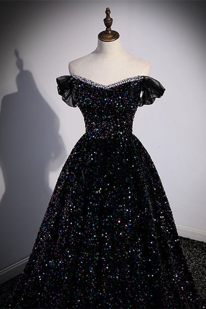 Black Sequin Off the Shoulder Long Formal Gown