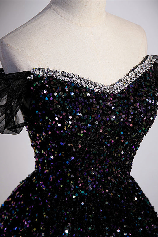 Black Sequin Off the Shoulder Long Formal Gown
