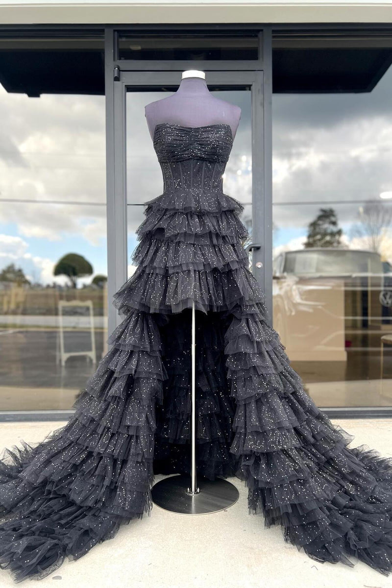 Black Strapless High Low Ruffles Party Dress