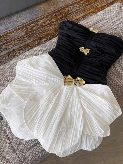 Black White Homecoming Dresses Ruched Strapless Hoco Party Gown, AST1987