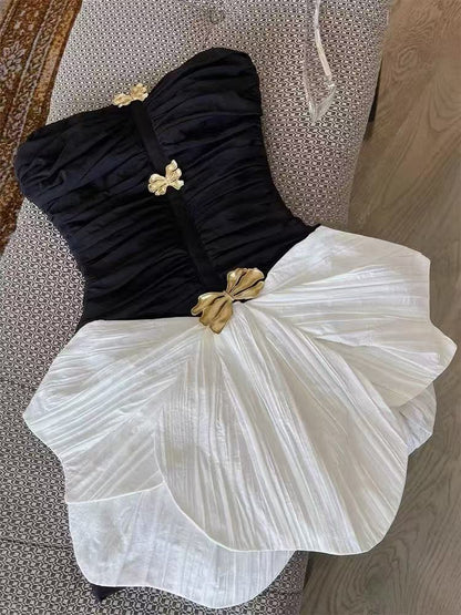 Black White Homecoming Dresses Ruched Strapless Hoco Party Gown, AST1987