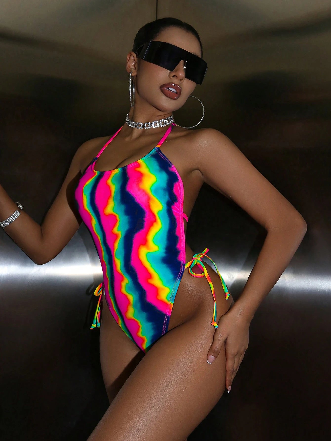 Bloopia Women's Tie-Dye Neon Halter Backless One-Piece Swimsuit Bathing Suit For Summer Beach