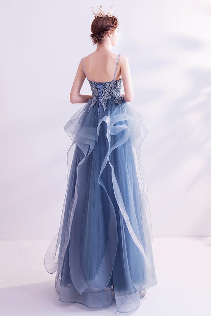 Blue A-line Layered Long Formal Dress