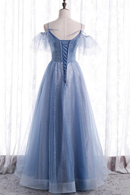 Blue A-line Long Formal Dress with Spaghetti Straps