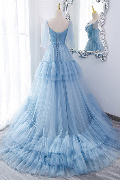 Blue A-line Tiered Layers Long Formal Gown