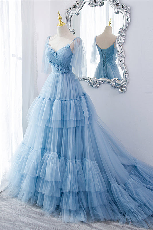 Blue A-line Tiered Layers Long Formal Gown