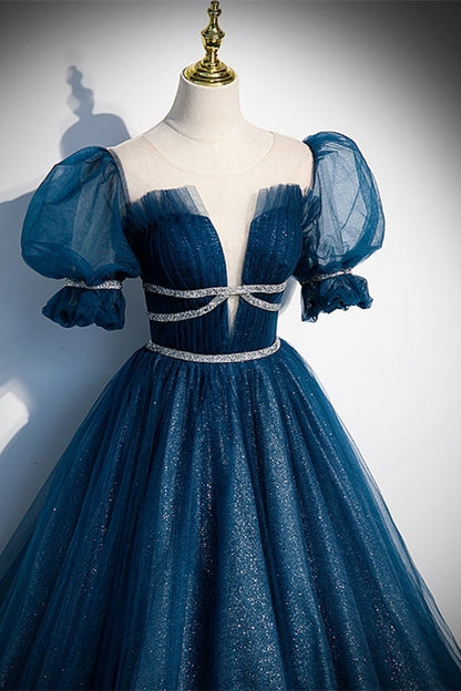 Blue A-line Tulle Long Formal Dress with Short Puffy Sleeves