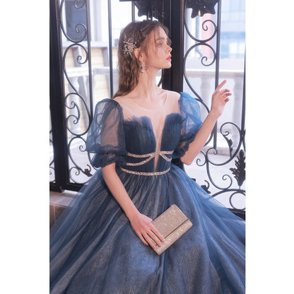 Blue A-line Tulle Long Formal Dress with Short Puffy Sleeves