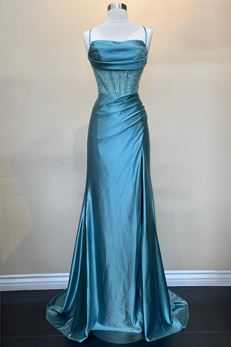Blue Beaded Corset Mermaid Long Formal Dress