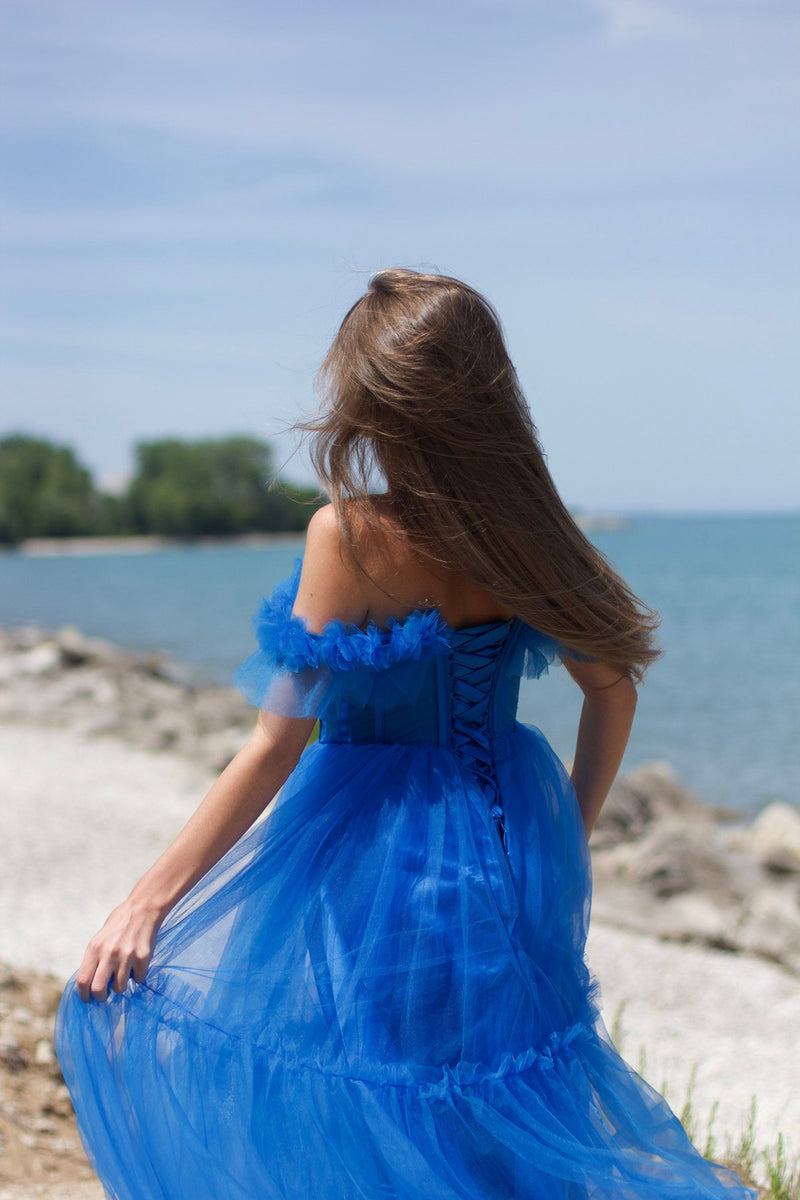 Blue Flare Straps Corset Tea Length Dress