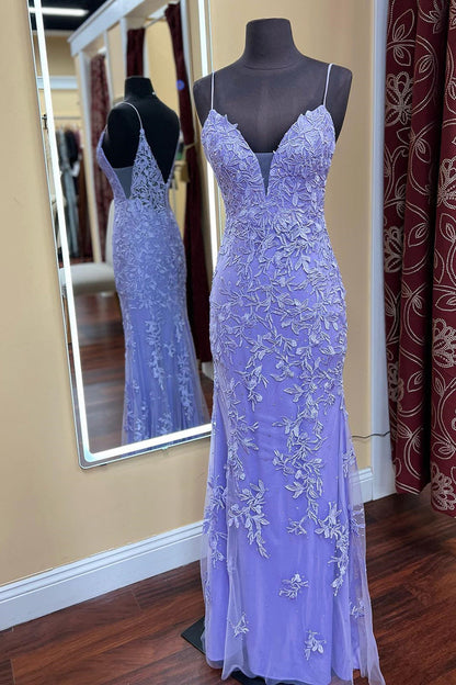 Blue Lace Appliques Mermaid Straps Long Formal Dress