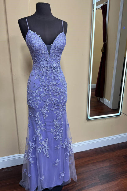 Blue Lace Appliques Mermaid Straps Long Formal Dress
