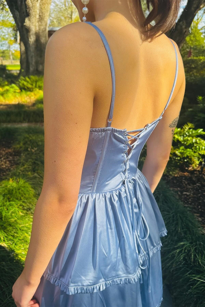 Blue Layered A-line Long Party Dress with Slit