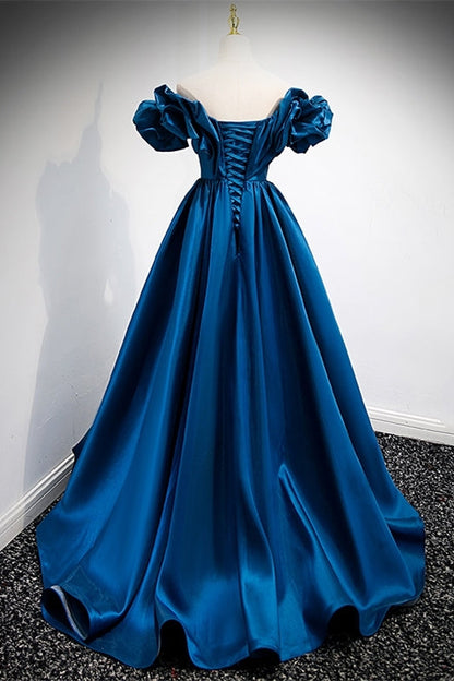 Blue Off the Shoulder A-line Satin Long Formal Dress