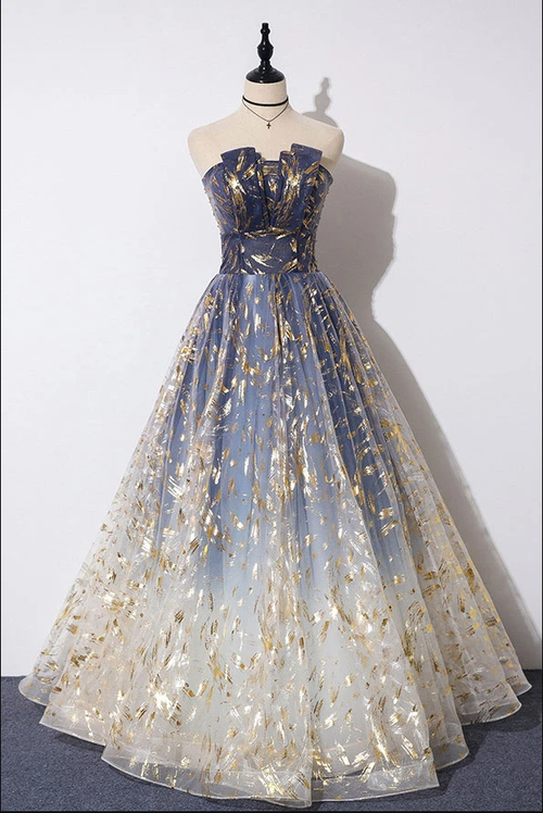 Blue Ombre Tulle Long Prom Dress - Strapless A-Line Evening Gown