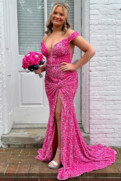 Blue Sequin Off the Shoulder Twist Slit Mermaid Long Formal Dress