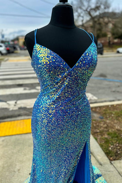Blue Sequin Straps Mermaid Long Party Dress with Slit