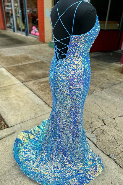 Blue Sequin Straps Mermaid Long Party Dress with Slit
