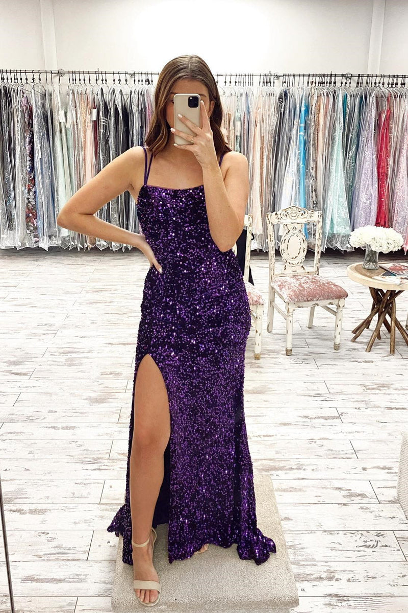 Blue Sequin Straps Mermaid Long Prom Dress with Slit