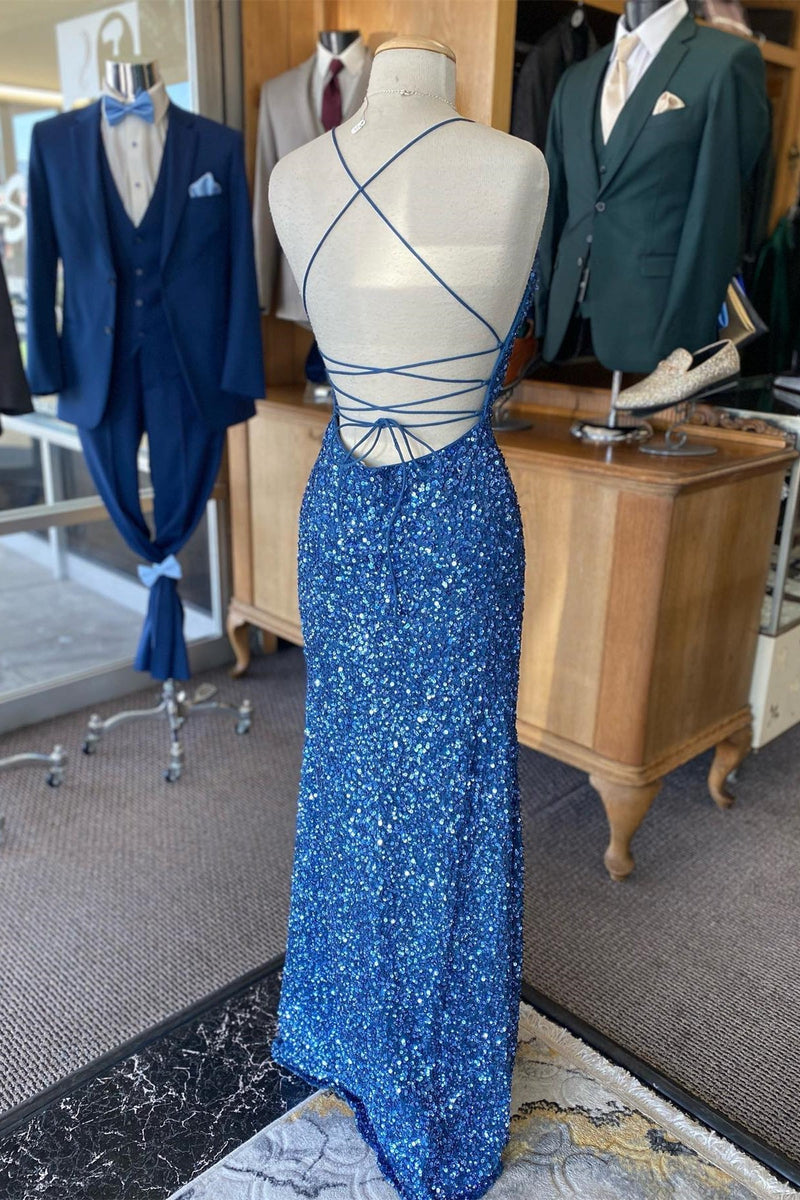 Blue Sequin V Neck Mermaid Long Prom Dress