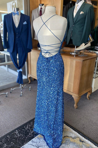 Blue Sequin V Neck Mermaid Long Prom Dress