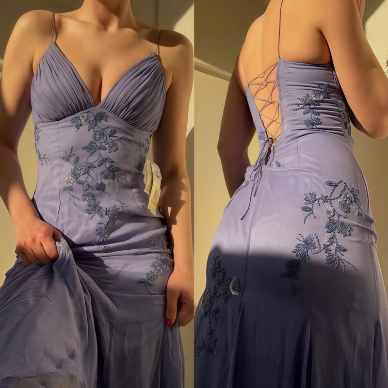 Blue Spaghetti Straps Chiffon Long Prom Dress - V-Neck A-Line Gown with Lace