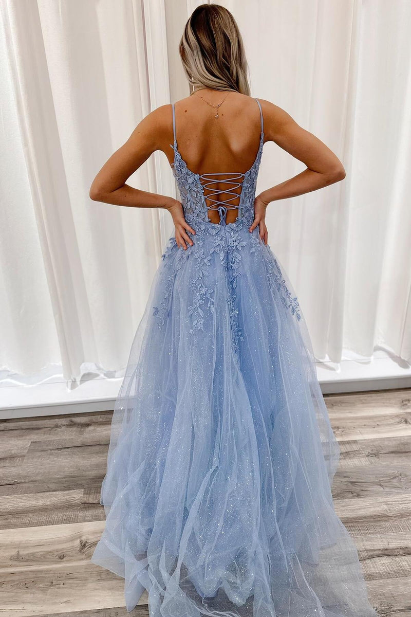 Blue Straps Lace Appliques A-line Long Formal Dress