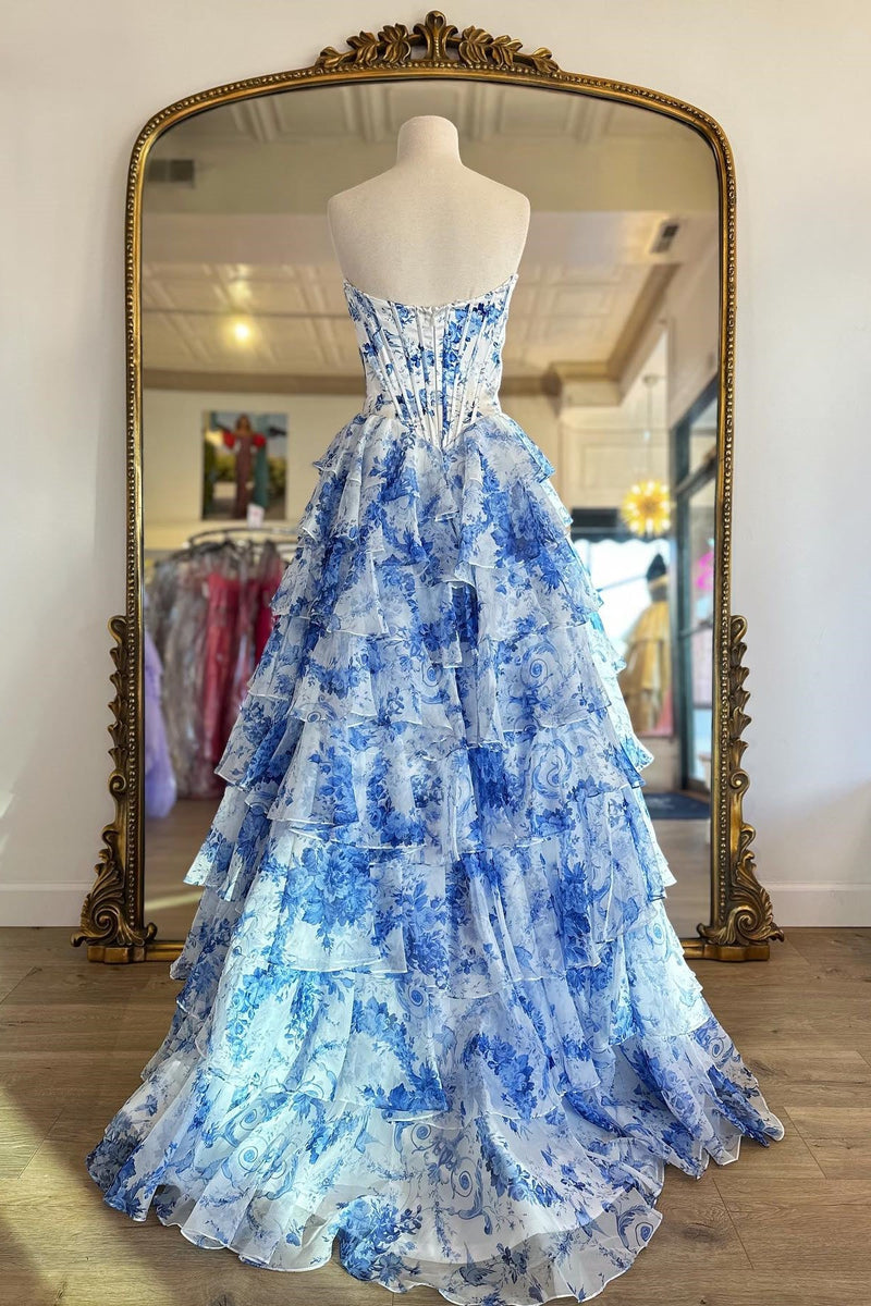 Blue Sweetheart Lace Floral Ruffle Dress with Slit