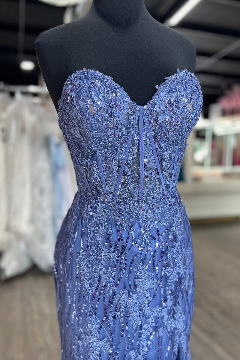 Blue Sweetheart Sequin Beaded Lace Applique Dress