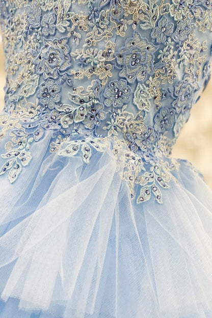 Blue Tiered Layers Lace Appliques A-line Long Formal Dress