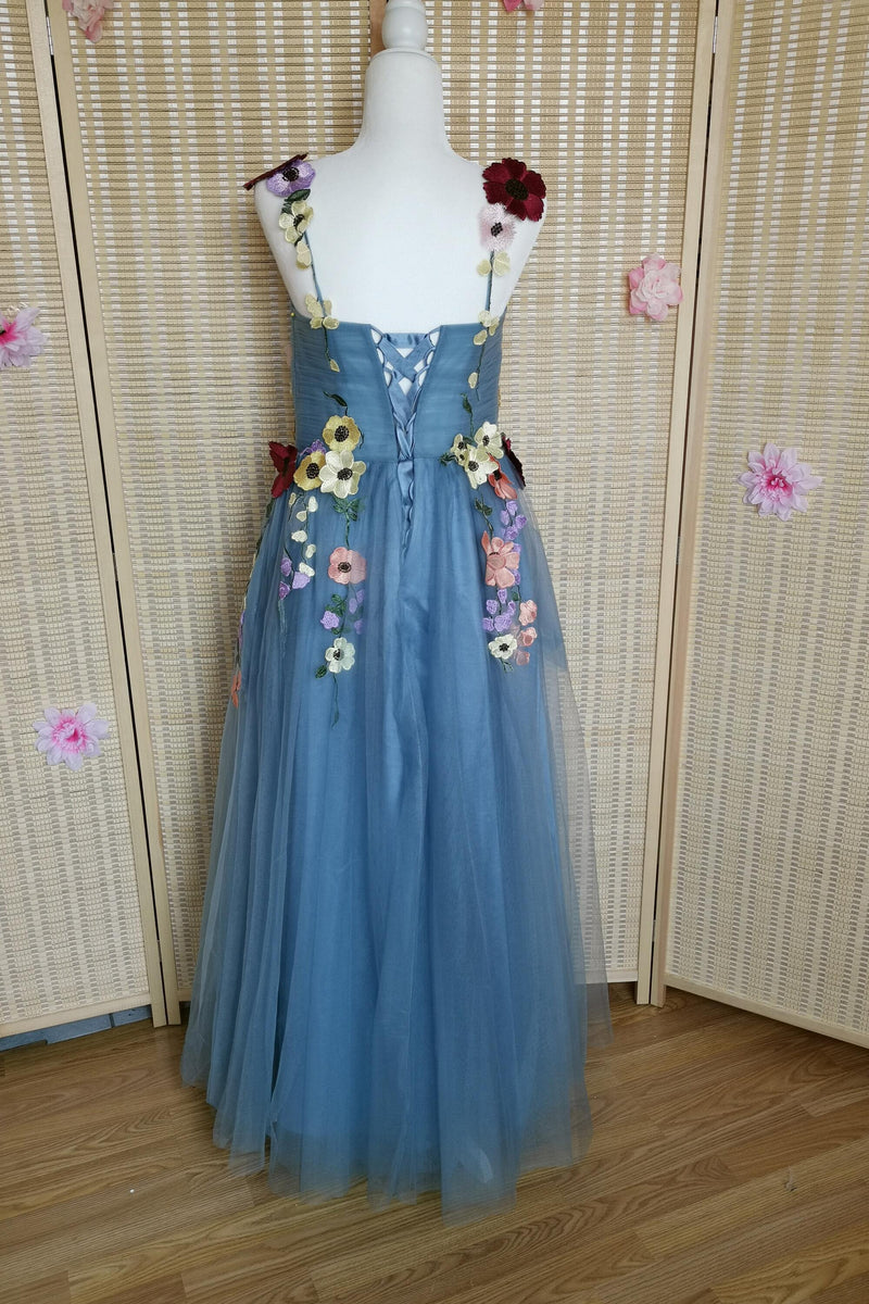 Blue Tulle A-line Formal Dress with Floral Embroidery