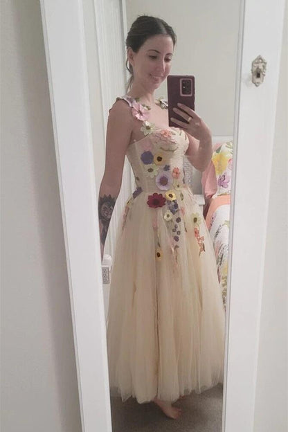 Blue Tulle A-line Formal Dress with Floral Embroidery