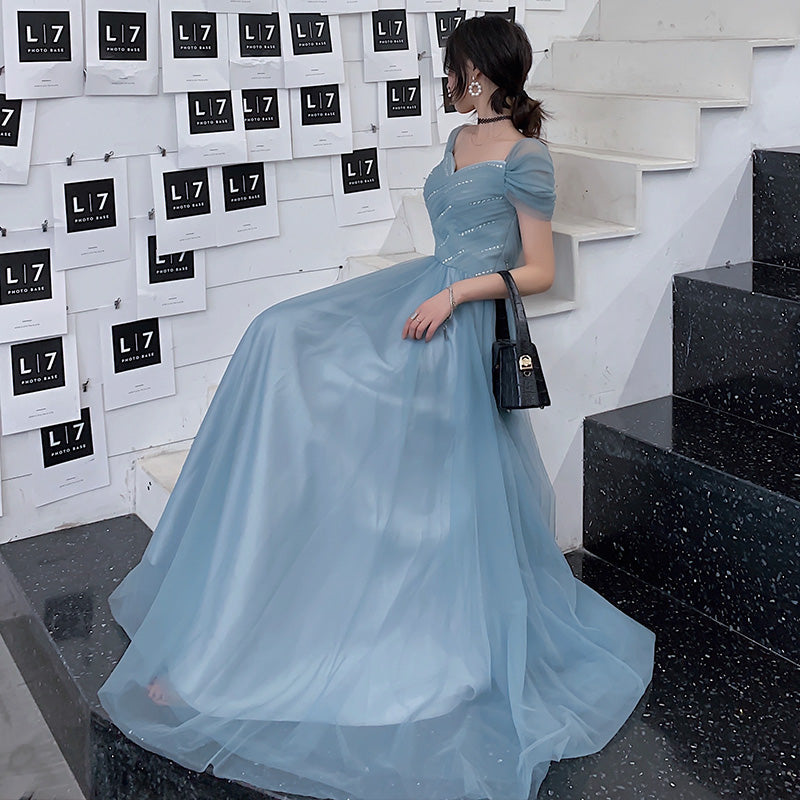 Blue Tulle Long Prom Dress - A-Line Evening Party Gown
