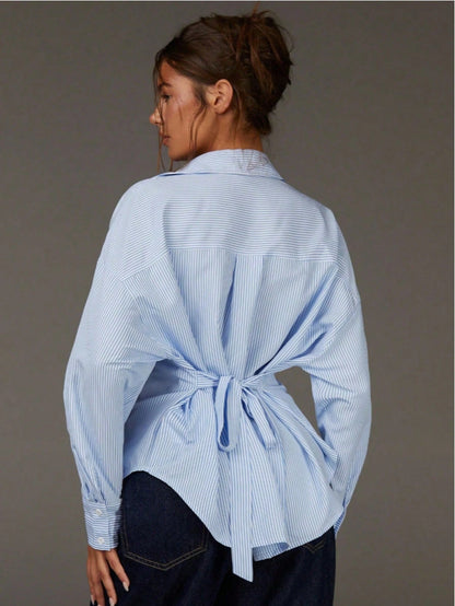 Blue & White Striped Tie Back Waist Shirt For Women, Loose Turndown Collar Long Sleeve Blouse With Design Details Spring