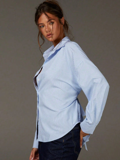 Blue & White Striped Tie Back Waist Shirt For Women, Loose Turndown Collar Long Sleeve Blouse With Design Details Spring