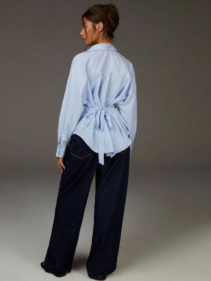 Blue & White Striped Tie Back Waist Shirt For Women, Loose Turndown Collar Long Sleeve Blouse With Design Details Spring