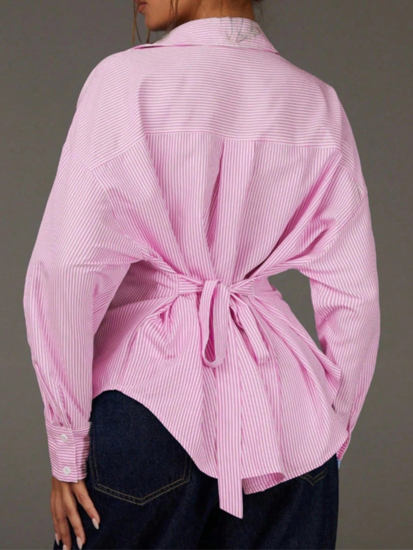 Blue & White Striped Tie Back Waist Shirt For Women, Loose Turndown Collar Long Sleeve Blouse With Design Details Spring