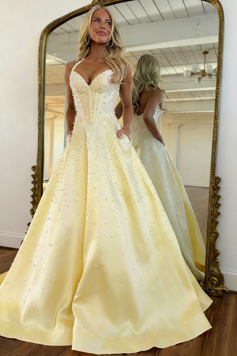 Blush Corset Pearl Ball Gown Prom Dress with Beaded Bodice & Full Skirt