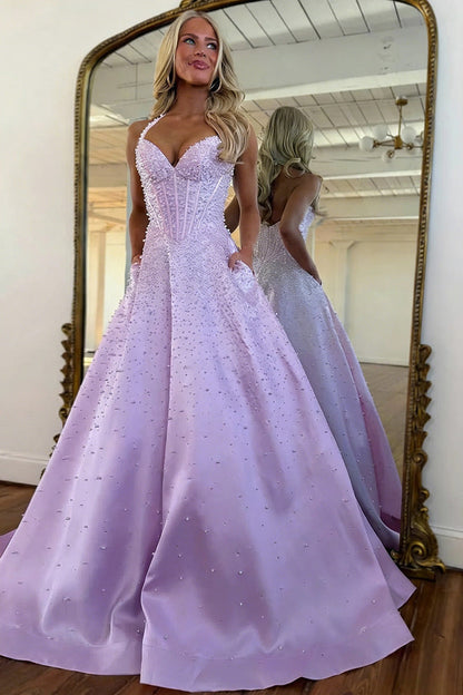 Blush Corset Pearl Ball Gown Prom Dress with Beaded Bodice & Full Skirt
