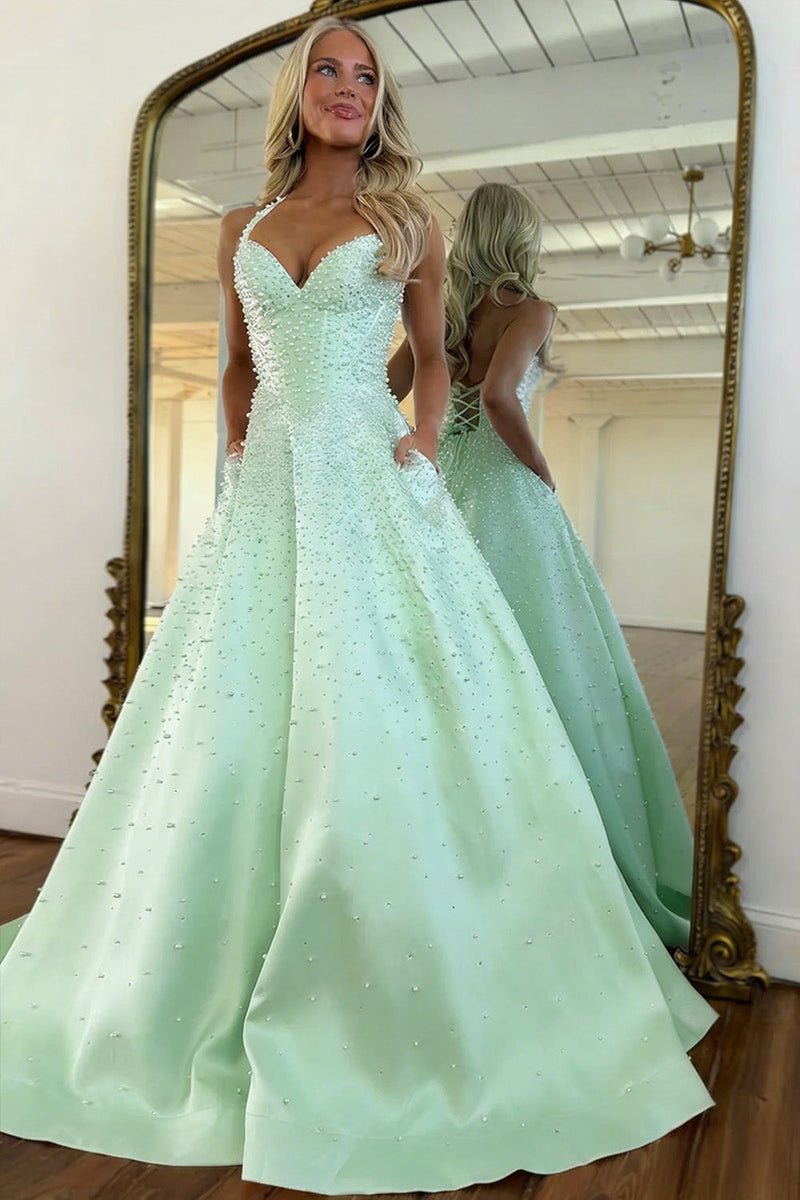 Blush Corset Pearl Ball Gown Prom Dress with Beaded Bodice & Full Skirt