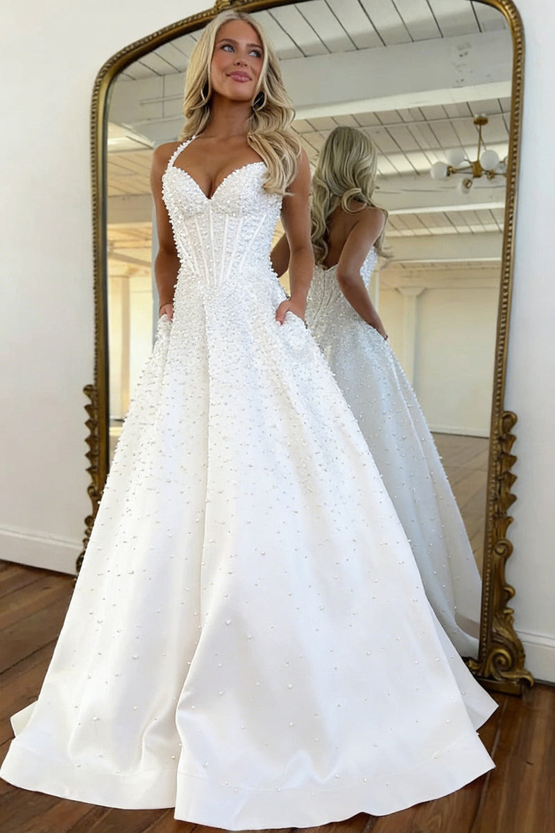 Blush Corset Pearl Ball Gown Prom Dress with Beaded Bodice & Full Skirt