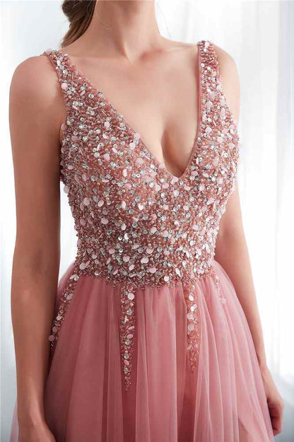 Blush Pink A-line Long Formal Dress with Slit