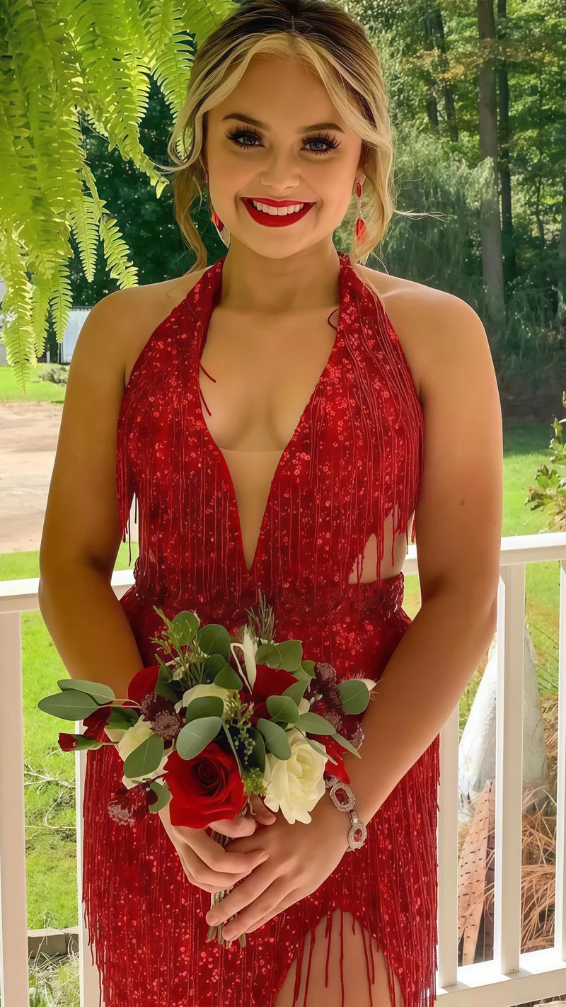 Bodycon Sequin Prom Dress, Deep V-Neck Evening Party Dress,AST1627